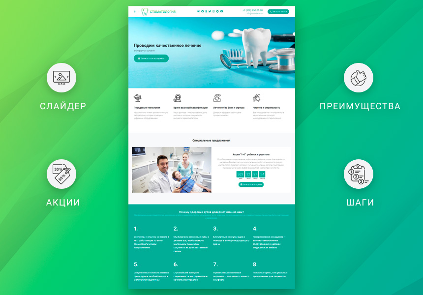 Готовый одностраничный сайт: Стоматология, медицинский центр, поликлиника, медицинская косметология