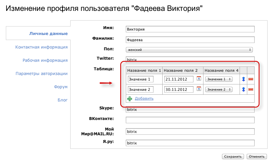 Свойства-таблицы