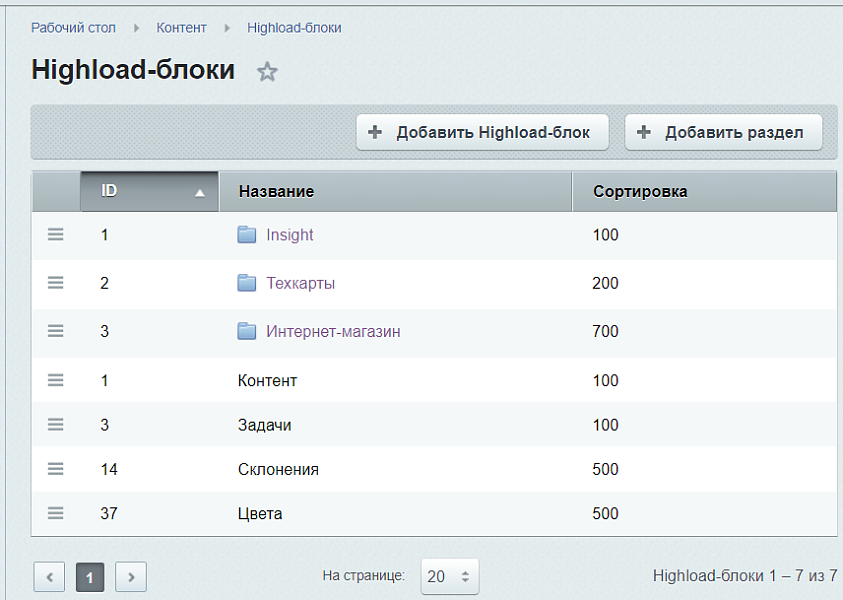 Расширенные Highload-блоки: группы, сортировка